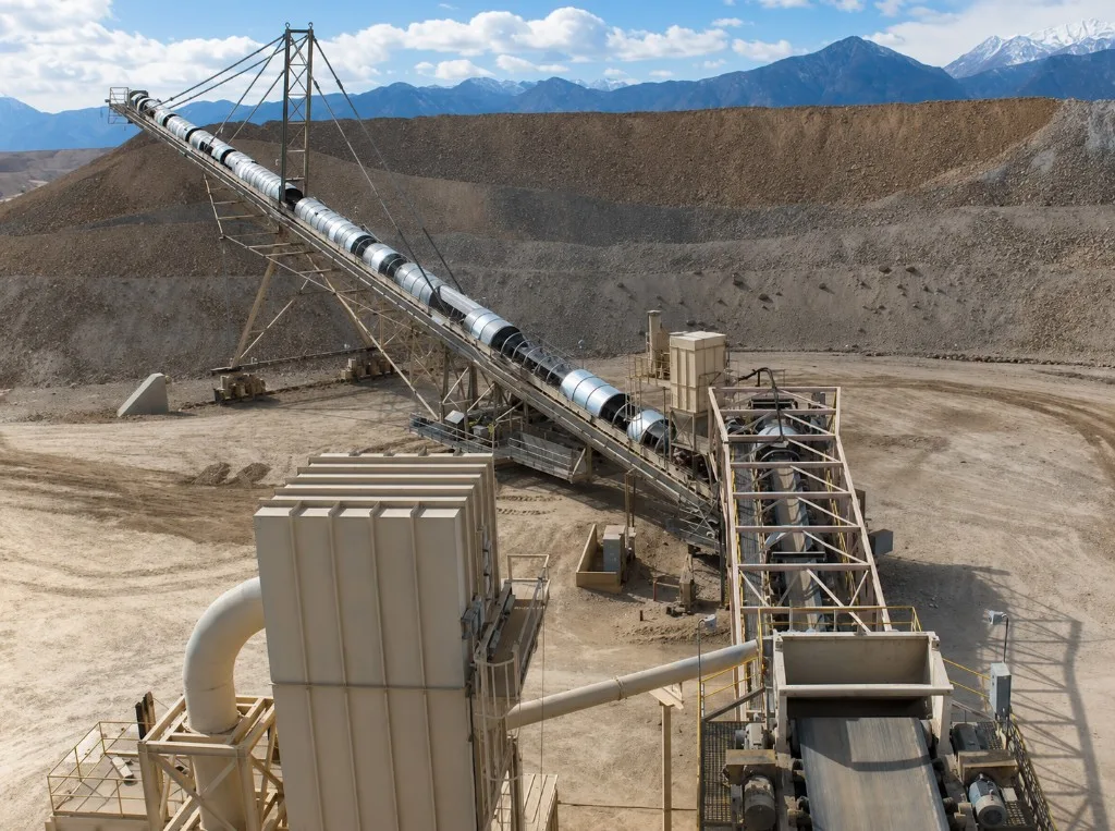 Large inclined mining conveyor belt system transporting bulk material in a quarry